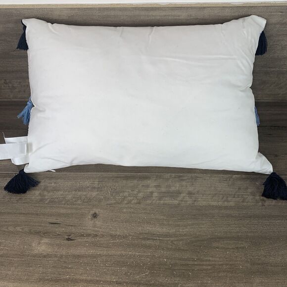 Lumbar Throw Pillow White Blue Boho Waterfowl Feather Striped Tasseled 16" x 24" - Picture 2 of 12
